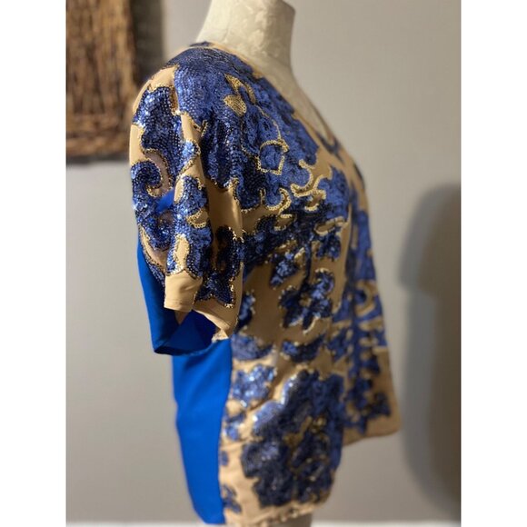 Tracy Reese Neiman Marcus Blue Gold Sequin Top M Medium Holiday Party - Picture 7 of 7